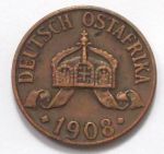 Монета Германская Восточная Африка 1 геллер 1908 J