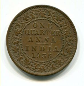 Монета Британская Индия 1/4 АННЫ 1936