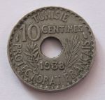 Монета Французский Тунис 10 сантимов 1938