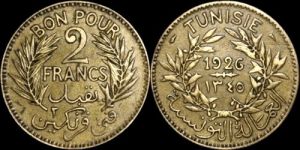 Монета Французский Тунис 2 франка 1926
