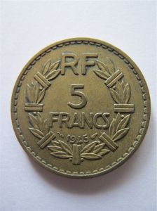 Франция 5 франков 1945 алюминиевая бронза