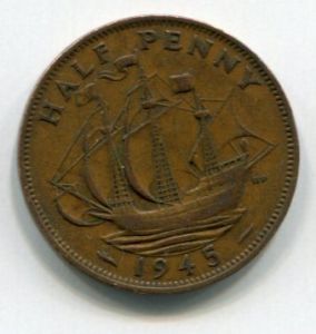 Монета Великобритания 1/2 пенни 1945 ГЕОРГ VI
