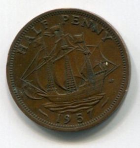 Монета Великобритания 1/2 пенни 1957 ЕЛИЗАВЕТА II
