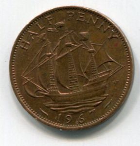 Монета Великобритания 1/2 пенни 1967 ЕЛИЗАВЕТА II