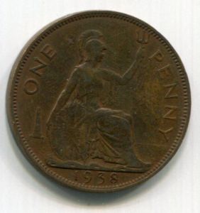 Монета Великобритания 1 пенни 1938 ГЕОРГ VI