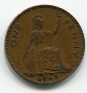 Монета Великобритания 1 пенни 1945 ГЕОРГ VI