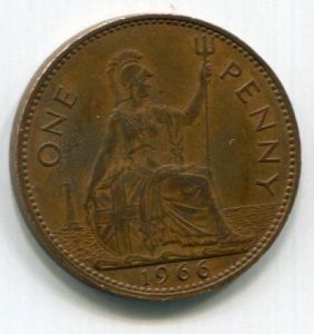 Монета Великобритания 1 пенни 1966 ЕЛИЗАВЕТА II 