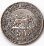 Монета Британская Восточная Африка 1/2 шиллинга 1921 серебро